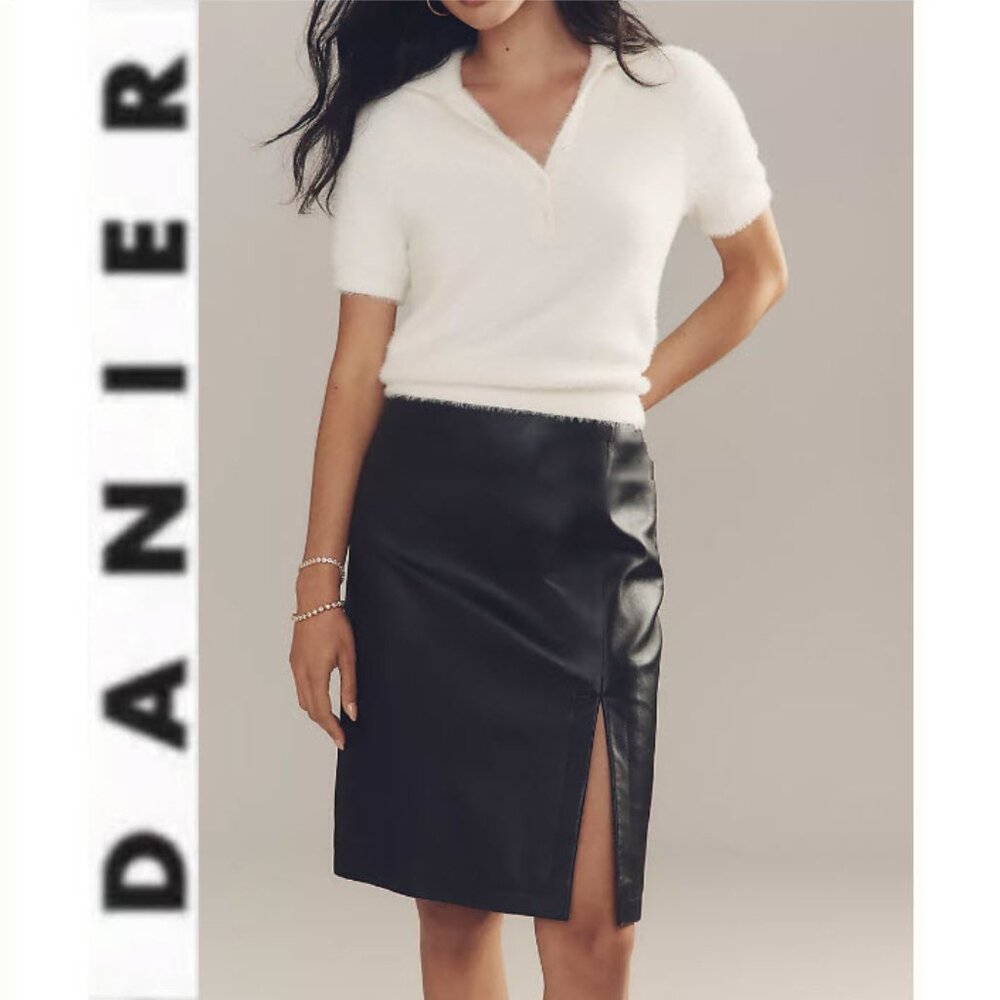Danier Black Leather Pencil Skirt Side Slit 6 Knee Length Chic Work Date Night